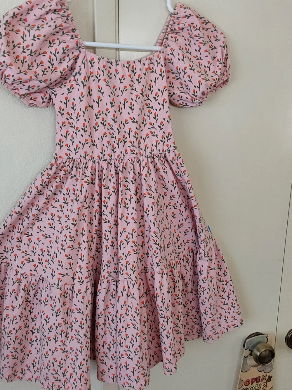 Girls Pink Floral Puff-Sleeve Tiered Casual Dress